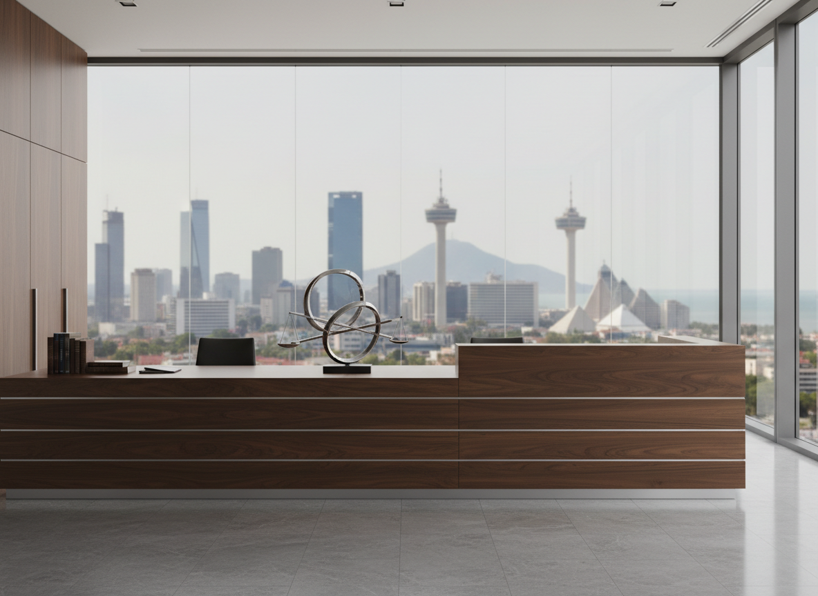 A sleek, modern law firm reception desk made of dark walnut wood and brushed metal, with a minimalist abstract sculpture representing balanced scales of justice as the focal point. Behind it, a large glass wall shows a panoramic, slightly blurred view of four distinct Mexican skylines subtly blended together, hinting at Mexico City, Monterrey, Guadalajara, and Cancún through recognizable building silhouettes. Soft daylight streams in from floor-to-ceiling windows, creating gentle reflections on polished stone floors. Photographic realism at eye level, with a clean, professional mood and sharp focus on the desk and sculpture while the background remains softly out of focus, conveying trust, sophistication, and national presence in fiscal and compliance law.