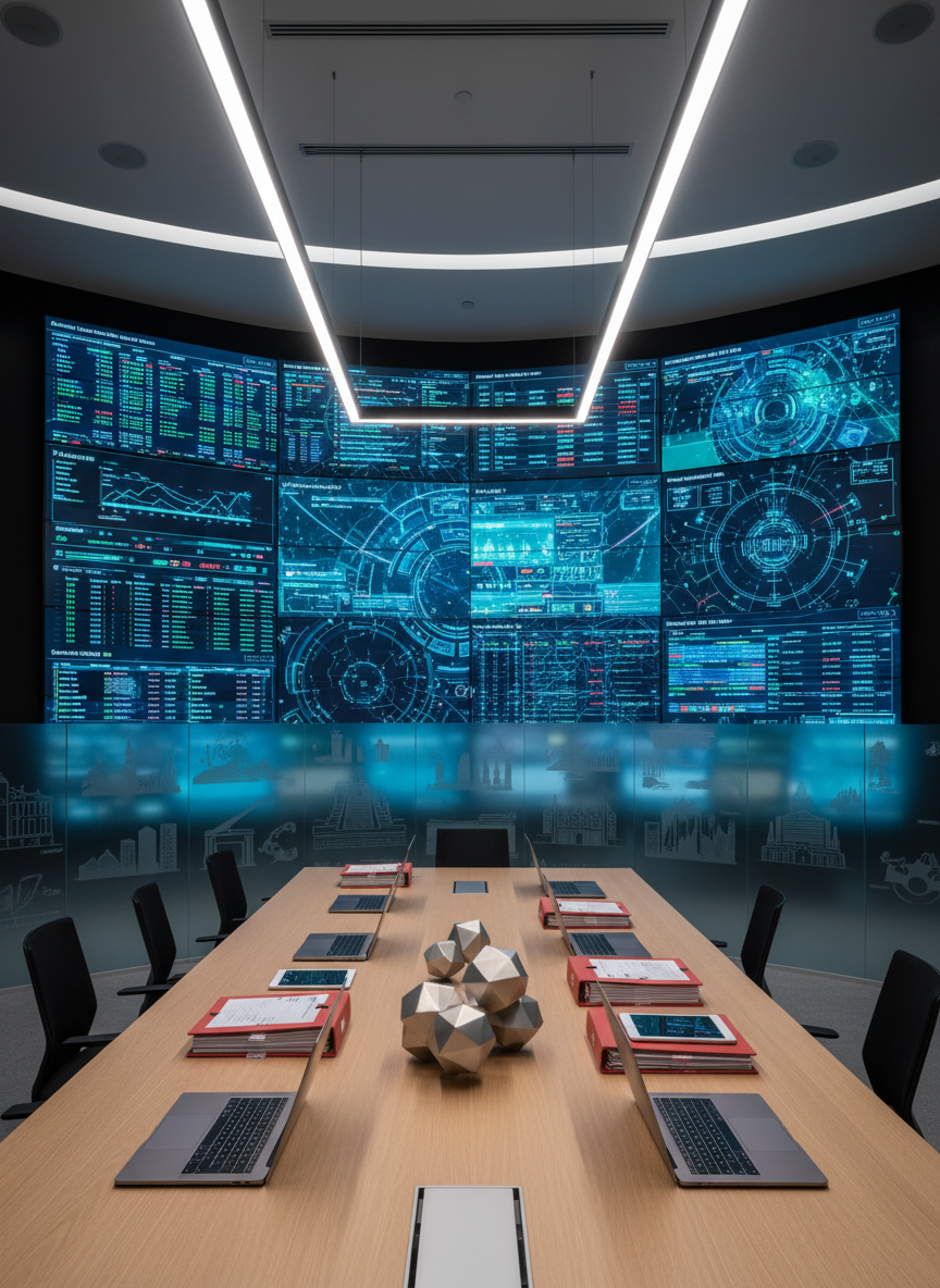 An ultra-modern compliance operations room featuring a curved wall of high-resolution screens displaying anonymized financial data streams, regulatory dashboards, and abstract network diagrams in blue and emerald tones. In the foreground, a long, low table of light oak supports open laptops, organized case files, and a central metallic sculpture inspired by interconnected nodes, symbolizing anti-money-laundering controls. Frosted glass panels etched with subtle outlines of Mexican landmarks hint at multiple cities without naming them. Cool, focused LED lighting highlights the screens while the rest of the room stays softly illuminated. Captured in photographic realism from a wide-angle perspective, the composition uses leading lines to draw the eye to the central sculpture, conveying precision, vigilance, and advanced regulatory technology.