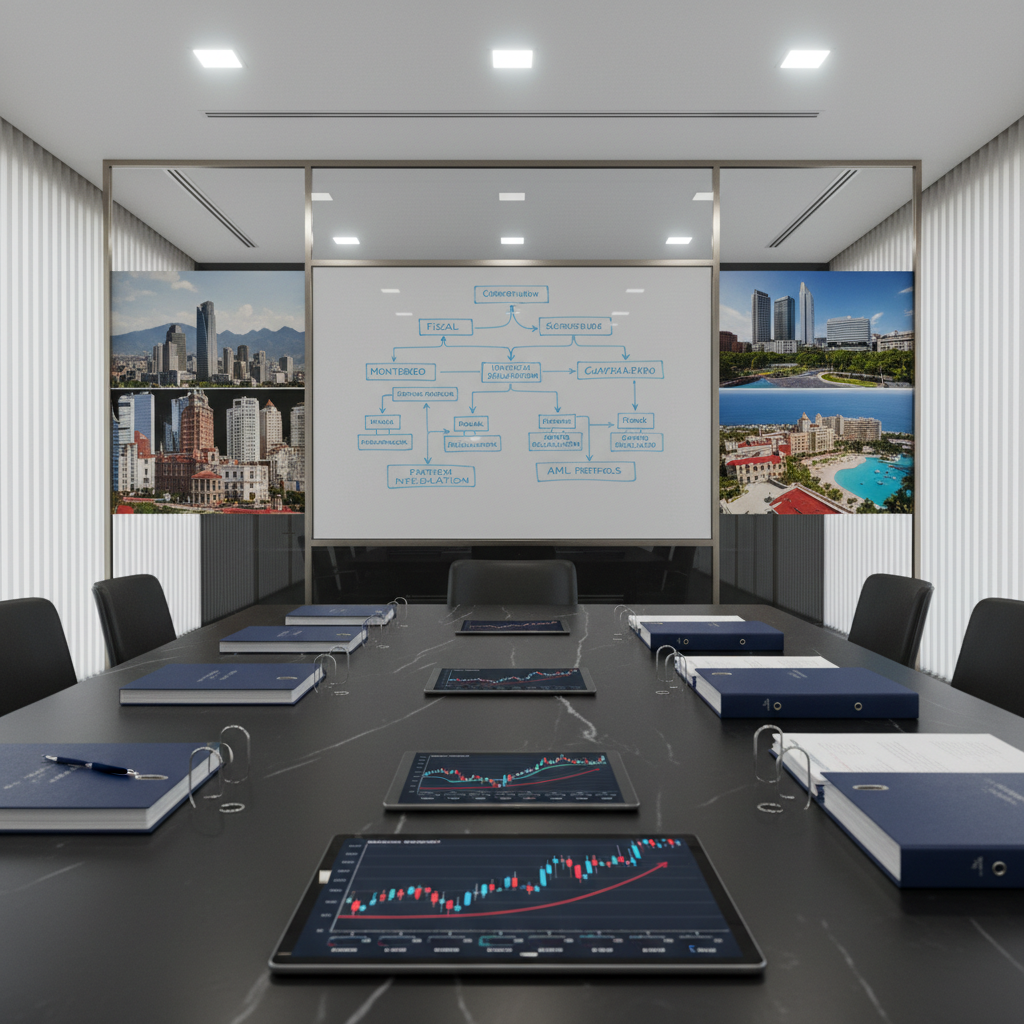 A polished conference table of matte black stone with precise, sharp edges, covered with neatly arranged legal binders, tablets displaying complex financial charts, and a detailed flowchart of compliance steps drawn on a large glass board in the background. Outside the glass wall, subtle photographic murals of Mexico City, Monterrey, Guadalajara, and Cancún skylines wrap the room, each separated by thin metal frames. Overhead, cool white recessed lighting combines with diffused daylight from side windows, creating a balanced, professional brightness. Shot from a slightly elevated angle with photographic realism and strong depth of field, the scene feels strategic and analytical, perfect for illustrating high-level legal planning in fiscal, fintech, gaming, and anti-money-laundering matters.